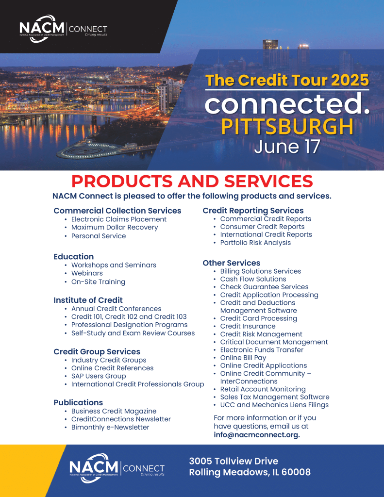 Pittsburgh Header and a list of NACM Connect products and services.