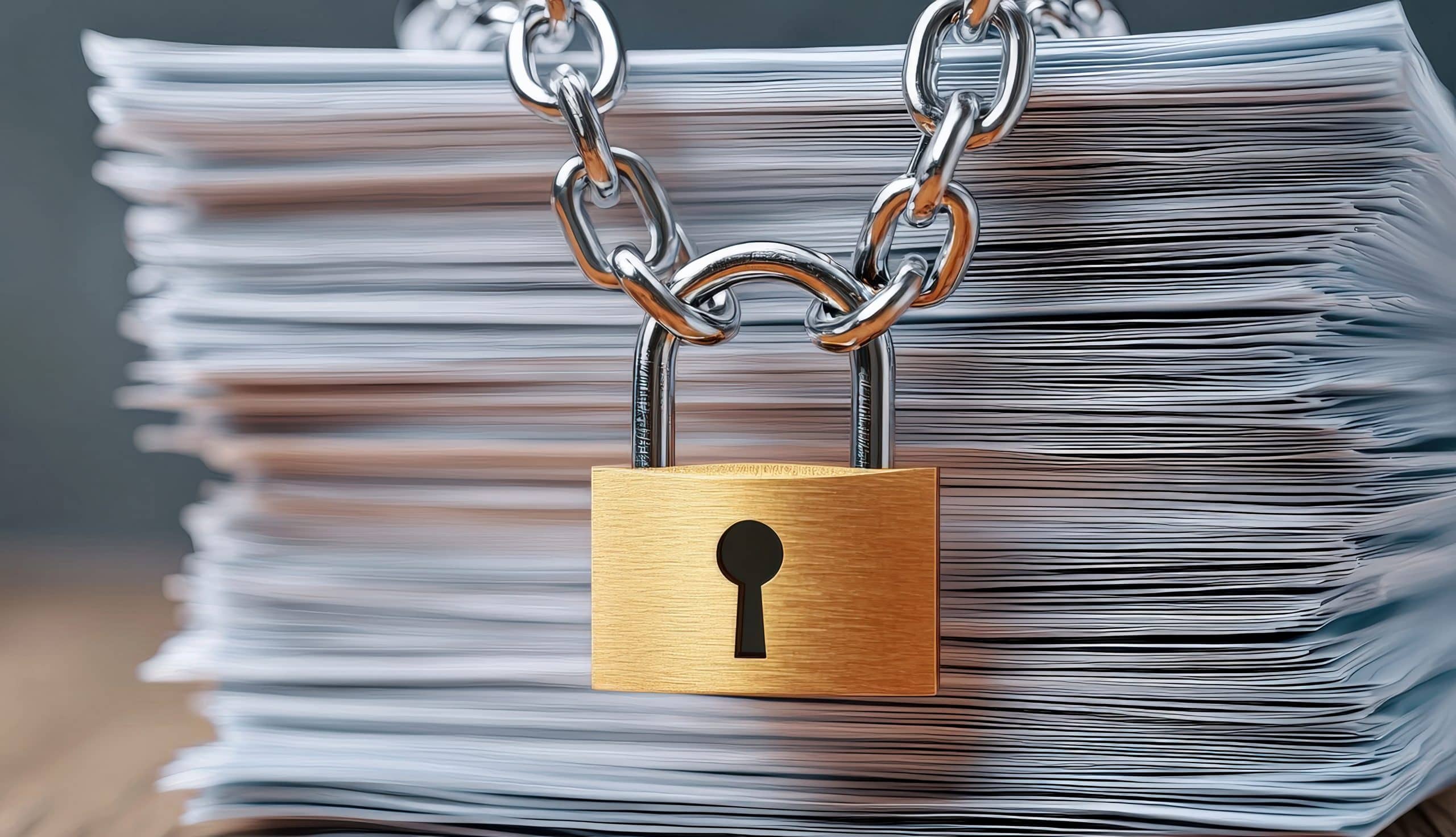 Chain and padlock over financial records