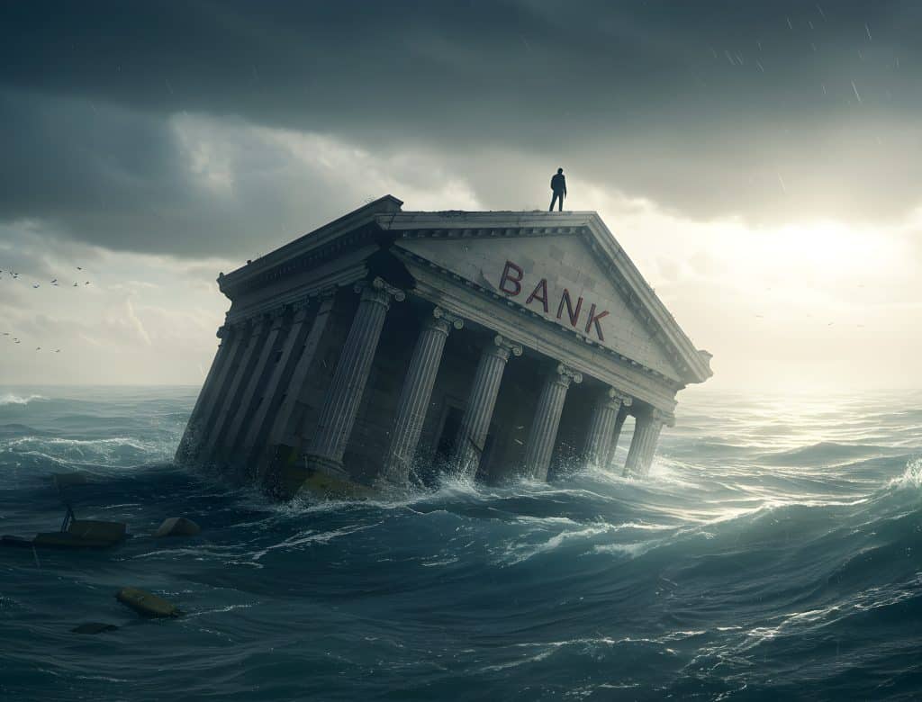 Bank Building Sinking into Rough Seas Under Ominous Sky Representing Financial Turmoil and Instability with a Solitary